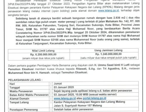 Pengumuman Pertama Lelang Eksekusi Pengadilan Perkara No. 3/Pdt.G/2022/PA.Mtp